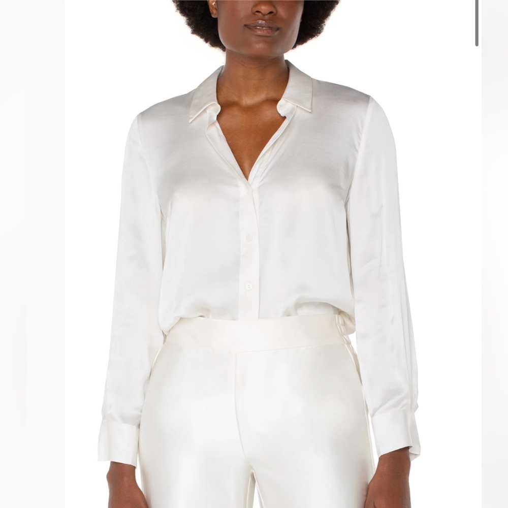 Long Sleeve Collared Button Front Woven Blouse - cream